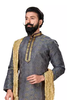 Men Jacquard Silk Woven Blue Embellished Kurta
