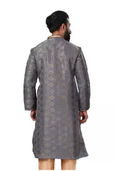 Men Jacquard Silk Woven Blue Embellished Kurta