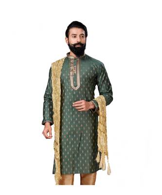 Men Green Dupion Silk Woven Zari Buta Designer Kurta 2