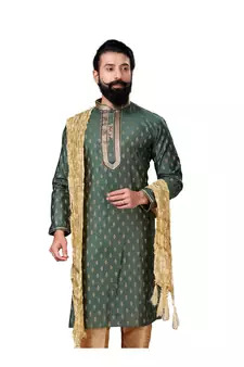 Men Green Dupion Silk Woven Zari Buta Designer Kurta