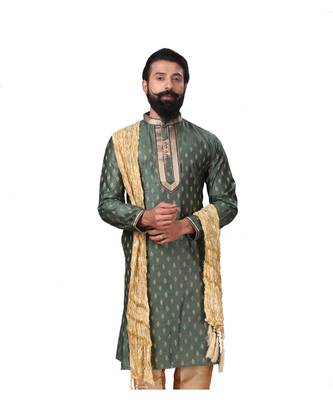 Men Green Dupion Silk Woven Zari Buta Designer Kurta 3