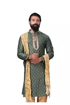 Men Green Dupion Silk Woven Zari Buta Designer Kurta