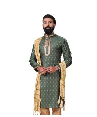 Men Green Dupion Silk Woven Zari Buta Designer Kurta 4