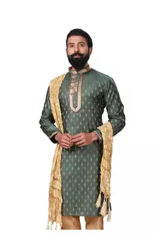 Men Green Dupion Silk Woven Zari Buta Designer Kurta