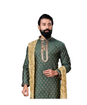 Men Green Dupion Silk Woven Zari Buta Designer Kurta 5