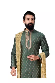 Men Green Dupion Silk Woven Zari Buta Designer Kurta