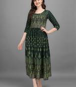 Green printed viscose rayon long-dresses