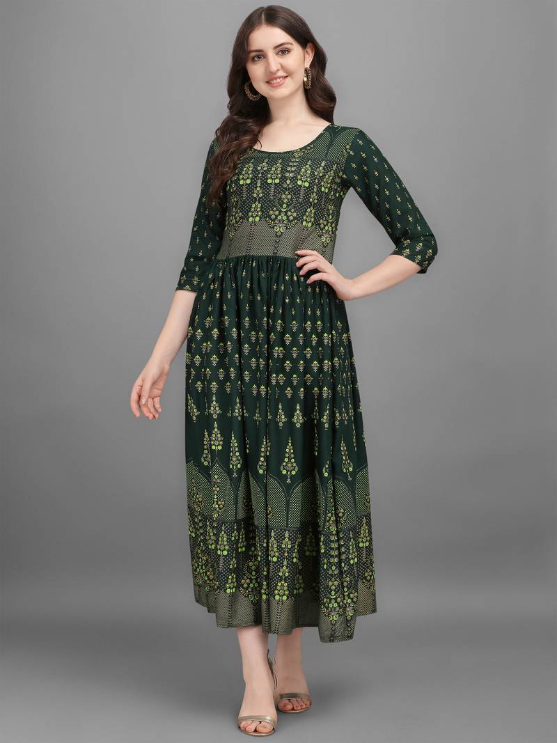 Green printed viscose rayon long-dresses