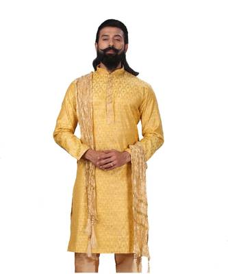 Men Jacquard Silk Woven Yellow Embellished Kurta 2
