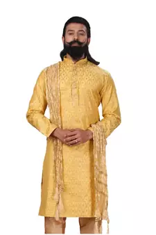 Men Jacquard Silk Woven Yellow Embellished Kurta