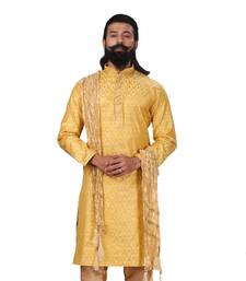 Men Jacquard Silk Woven Yellow Embellished Kurta
