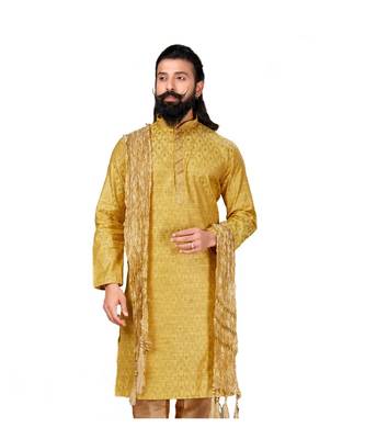 Men Jacquard Silk Woven Yellow Embellished Kurta 3