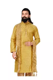 Men Jacquard Silk Woven Yellow Embellished Kurta