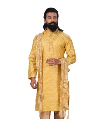 Men Jacquard Silk Woven Yellow Embellished Kurta 4