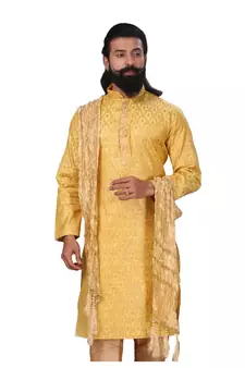 Men Jacquard Silk Woven Yellow Embellished Kurta