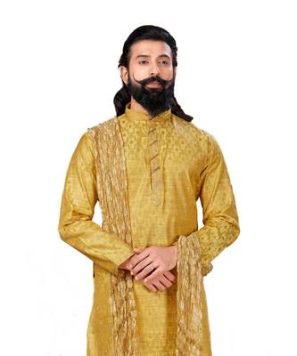 Men Jacquard Silk Woven Yellow Embellished Kurta 5