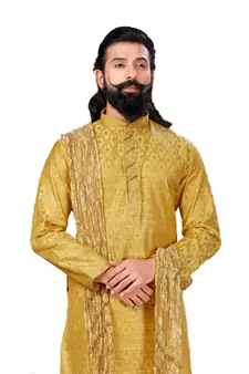 Men Jacquard Silk Woven Yellow Embellished Kurta