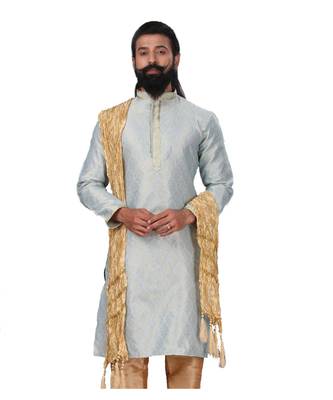 Men Jacquard Silk Woven Sky Blue Embellished Kurta 2
