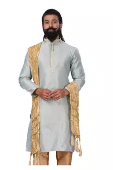 Men Jacquard Silk Woven Sky Blue Embellished Kurta