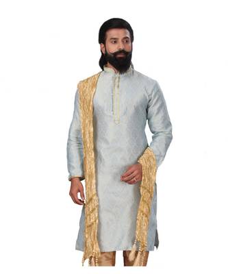 Men Jacquard Silk Woven Sky Blue Embellished Kurta 3