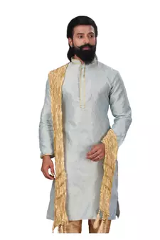Men Jacquard Silk Woven Sky Blue Embellished Kurta