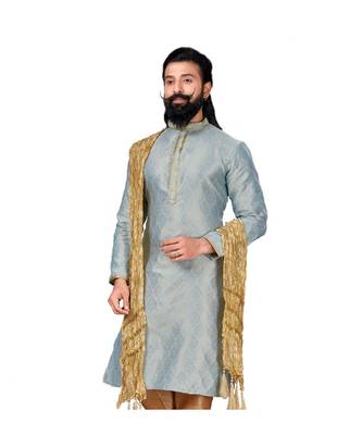 Men Jacquard Silk Woven Sky Blue Embellished Kurta 4