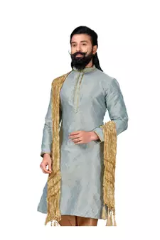 Men Jacquard Silk Woven Sky Blue Embellished Kurta