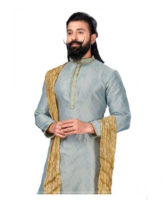 Men Jacquard Silk Woven Sky Blue Embellished Kurta 5