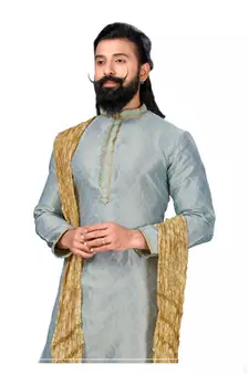 Men Jacquard Silk Woven Sky Blue Embellished Kurta