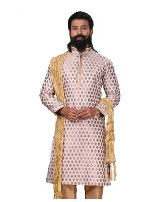 Men White Dupion Silk Woven Zari Buta Designer Kurta 2