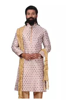 Men White Dupion Silk Woven Zari Buta Designer Kurta