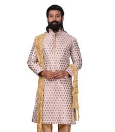 Men White Dupion Silk Woven Zari Buta Designer Kurta
