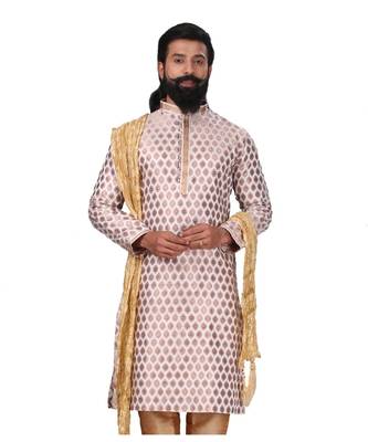 Men White Dupion Silk Woven Zari Buta Designer Kurta 3