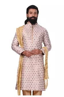 Men White Dupion Silk Woven Zari Buta Designer Kurta