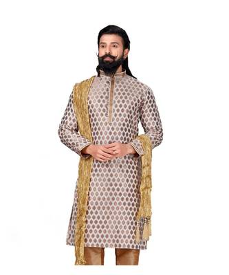 Men White Dupion Silk Woven Zari Buta Designer Kurta 4