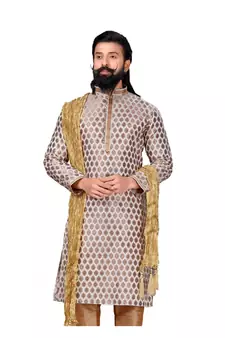 Men White Dupion Silk Woven Zari Buta Designer Kurta