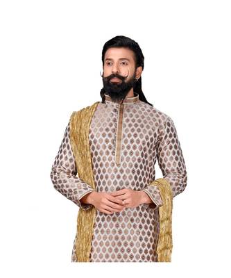 Men White Dupion Silk Woven Zari Buta Designer Kurta 5