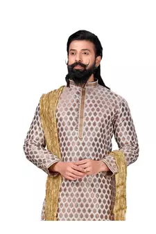 Men White Dupion Silk Woven Zari Buta Designer Kurta