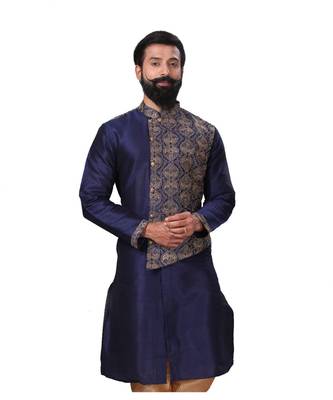 Men Navy Blue Dupion Silk Embroidered Designer Kurta 2