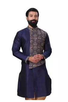 Men Navy Blue Dupion Silk Embroidered Designer Kurta