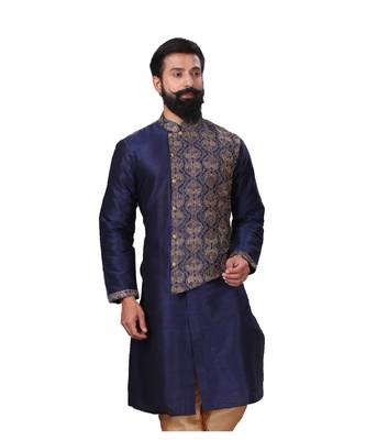 Men Navy Blue Dupion Silk Embroidered Designer Kurta 3