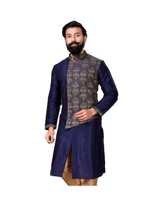 Men Navy Blue Dupion Silk Embroidered Designer Kurta 4