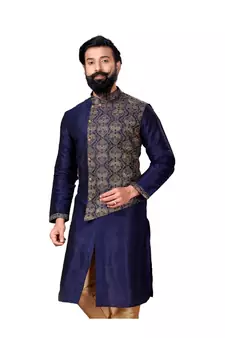 Men Navy Blue Dupion Silk Embroidered Designer Kurta