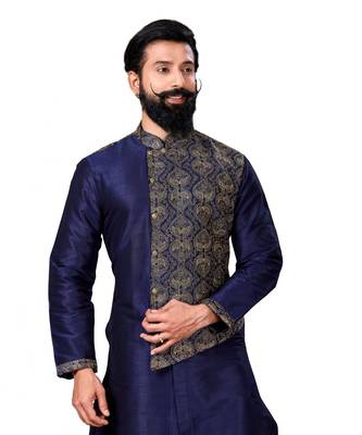 Men Navy Blue Dupion Silk Embroidered Designer Kurta 5