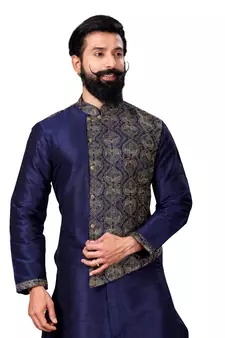 Men Navy Blue Dupion Silk Embroidered Designer Kurta