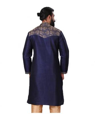 Men Navy Blue Dupion Silk Embroidered Designer Kurta 6