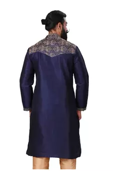 Men Navy Blue Dupion Silk Embroidered Designer Kurta