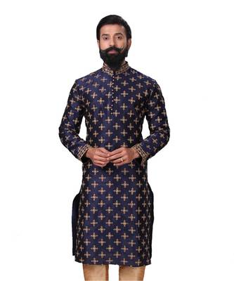 Men Navy Blue Dupion Silk Embroidered Designer Kurta 2