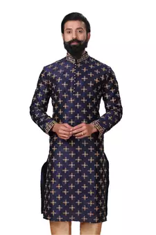 Men Navy Blue Dupion Silk Embroidered Designer Kurta