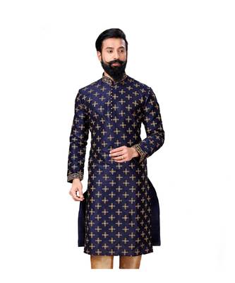 Men Navy Blue Dupion Silk Embroidered Designer Kurta 3